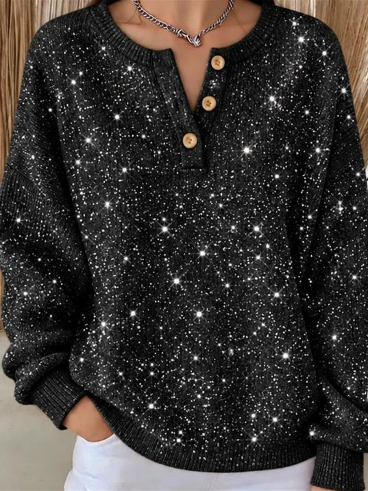 Christmas Button Crew Neck Long Sleeve Sweater
