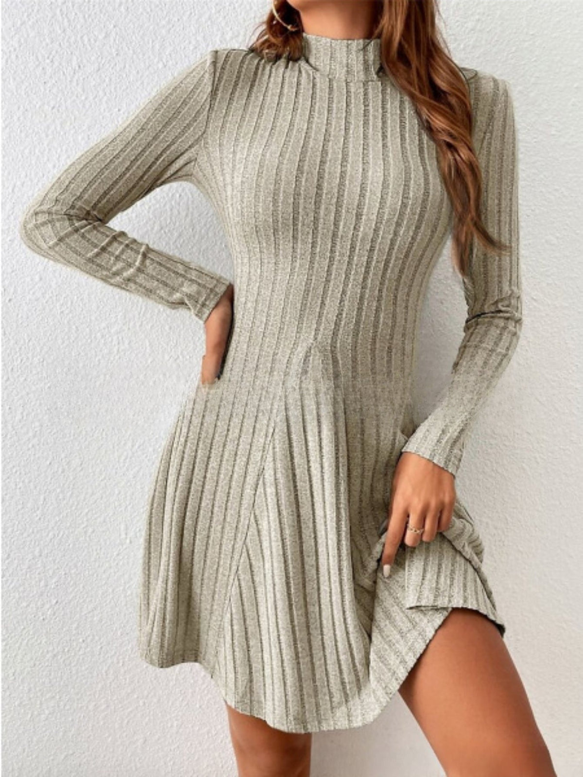Ribbed Knit Long Sleeve Dress, Casual Crew Neck Knit A-line Dress