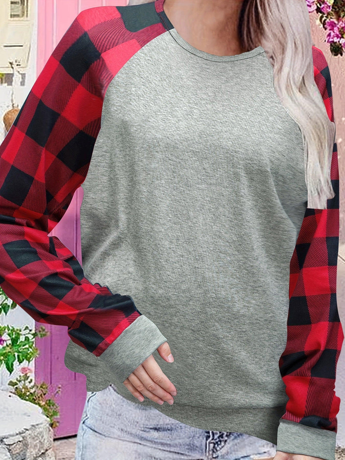 Color Block Long Sleeve Shirt, Oversized Crew Neck Top