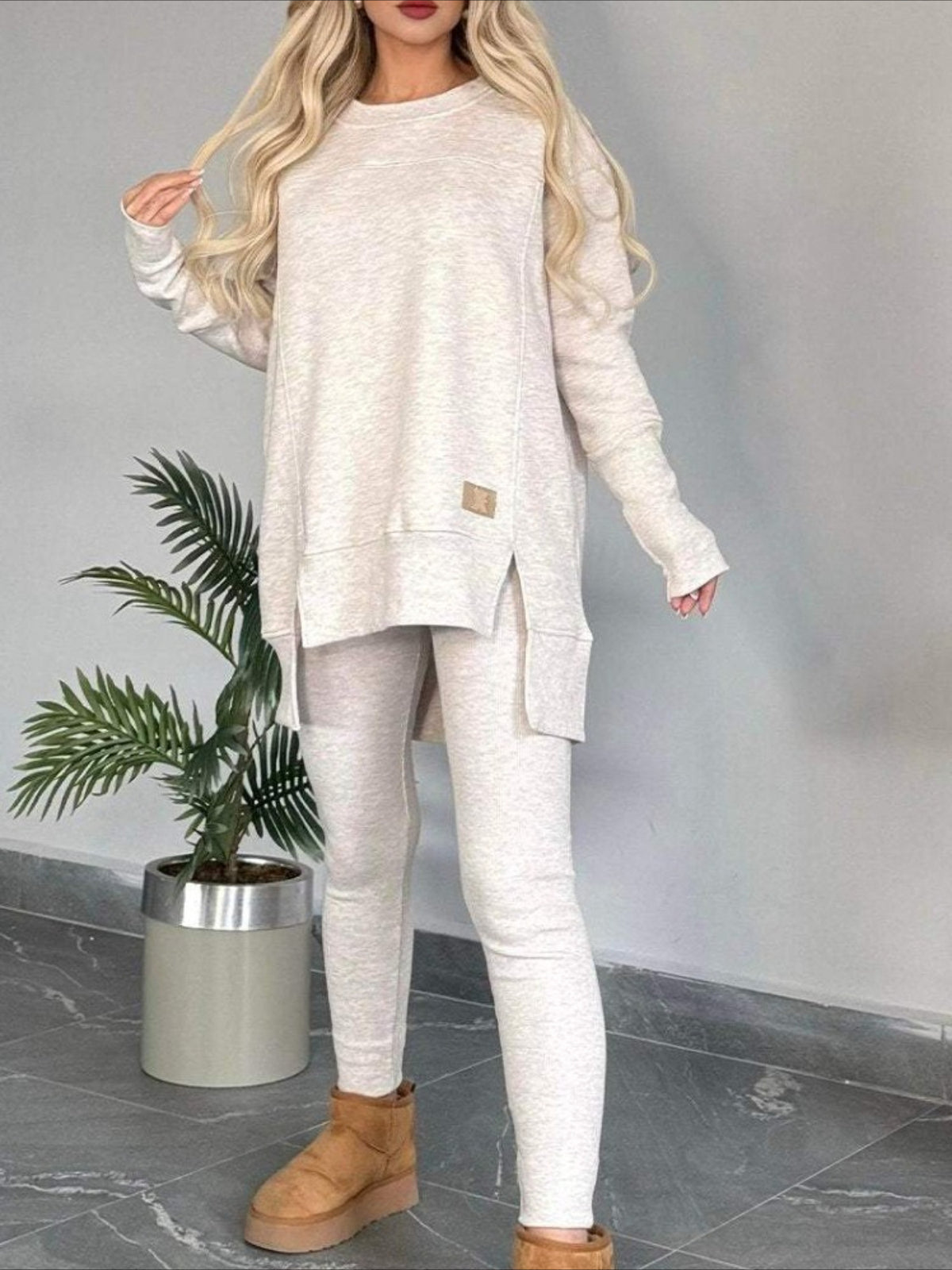 Slit Round Neck Top and Pants Set
