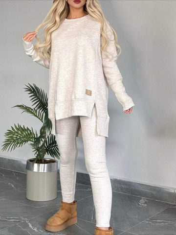 Slit Round Neck Top and Pants Set