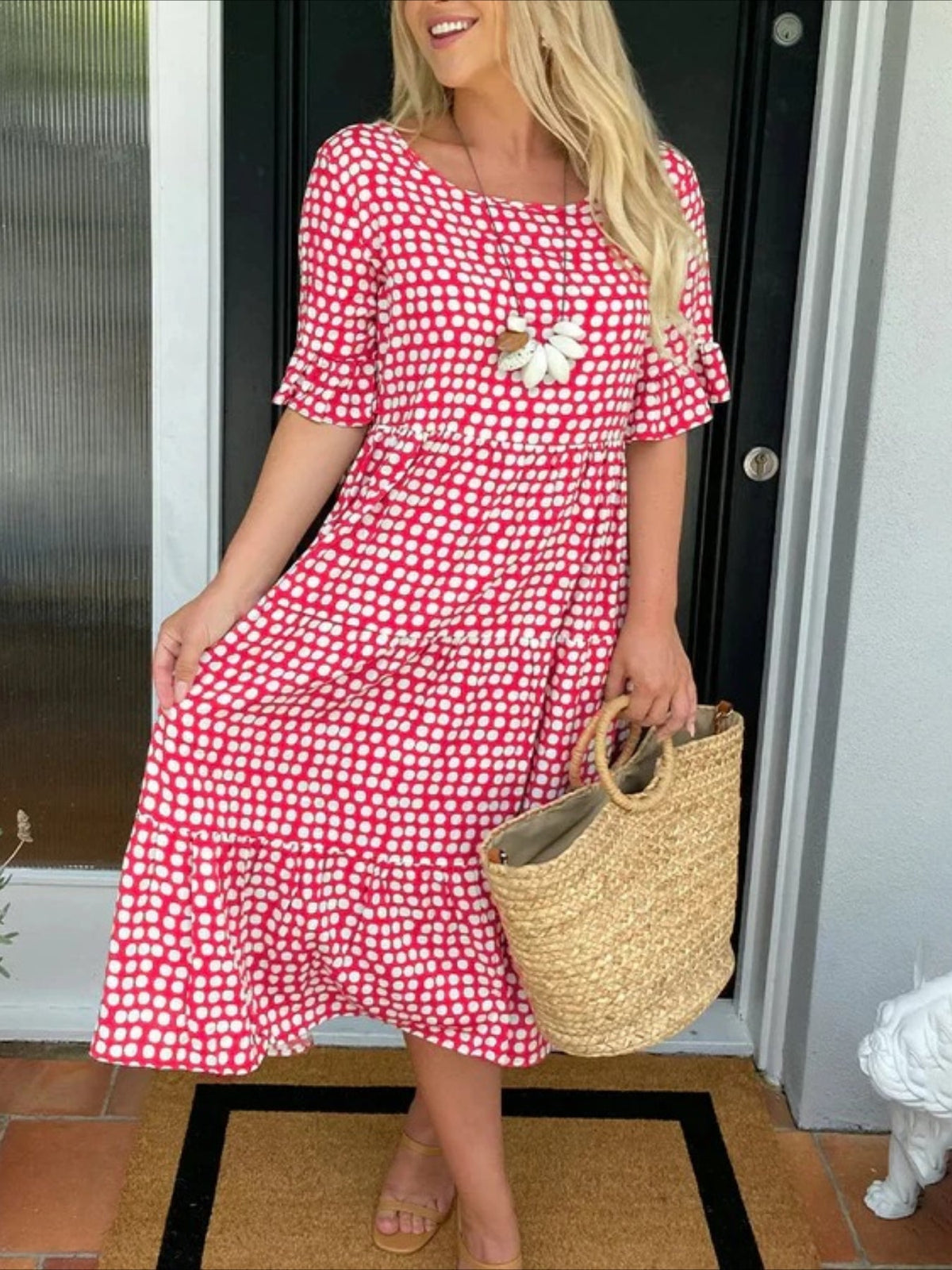 Round Neck Print Short Sleeve Maxi Dress