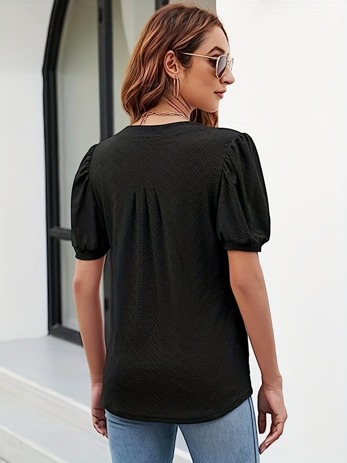 Women's Casual V-Neck Puff Sleeve T-Shirt - Soft and Comfortable Solid Tee