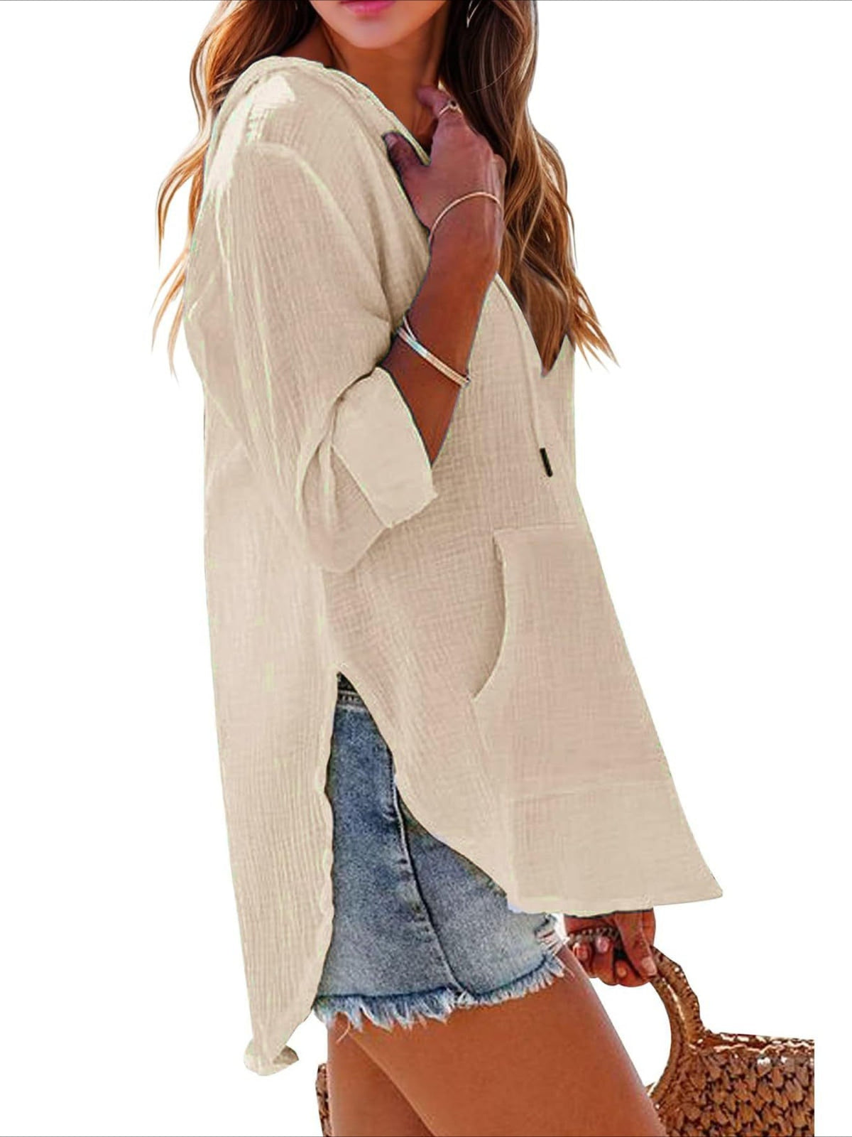 Long Sleeve V Neck Pocketed Hooded Sweatshirt