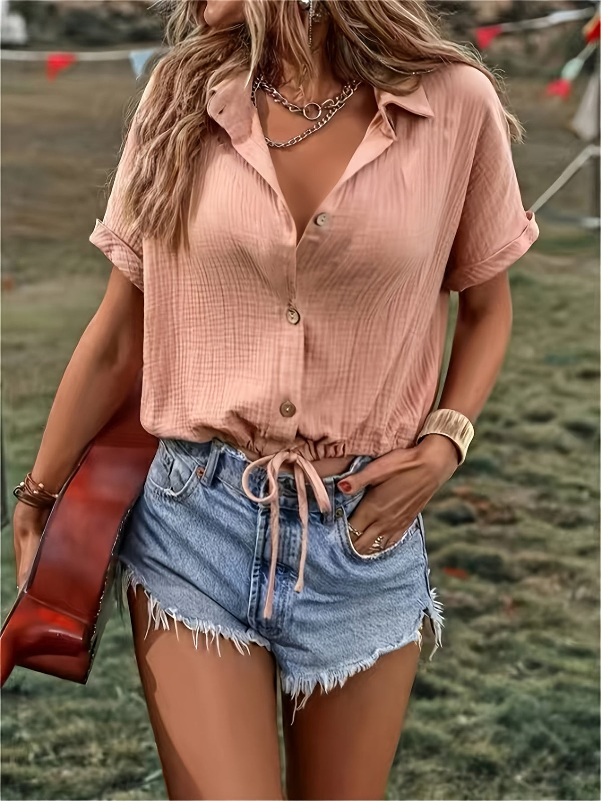 Solid Drawstring Button Front Blouse, Vintage Short Sleeve Blouse