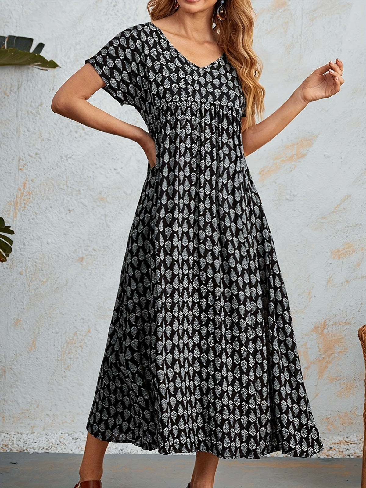 All Over Print Dress, Casual V Neck Short Sleeve Dress