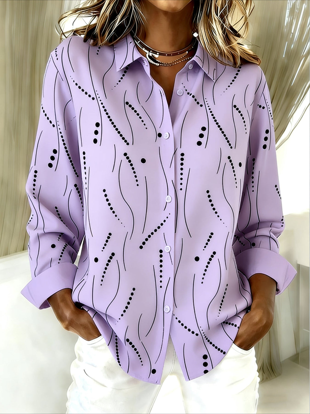 Polka Dots Shawl Collar Long Sleeve Regular Loose Shirt