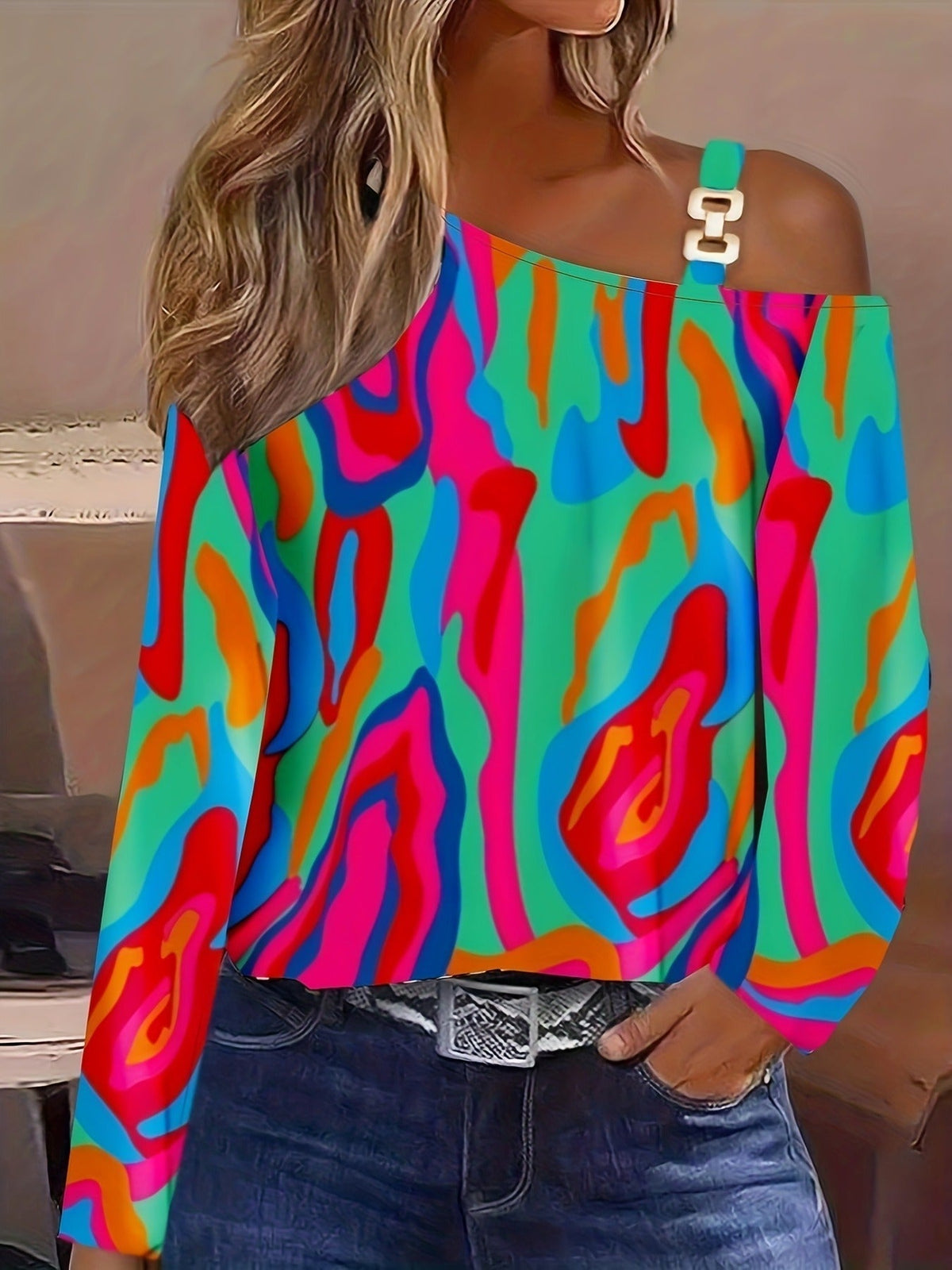 Women's Solid Striped Metal Decor Long Sleeve One Shoulder Top