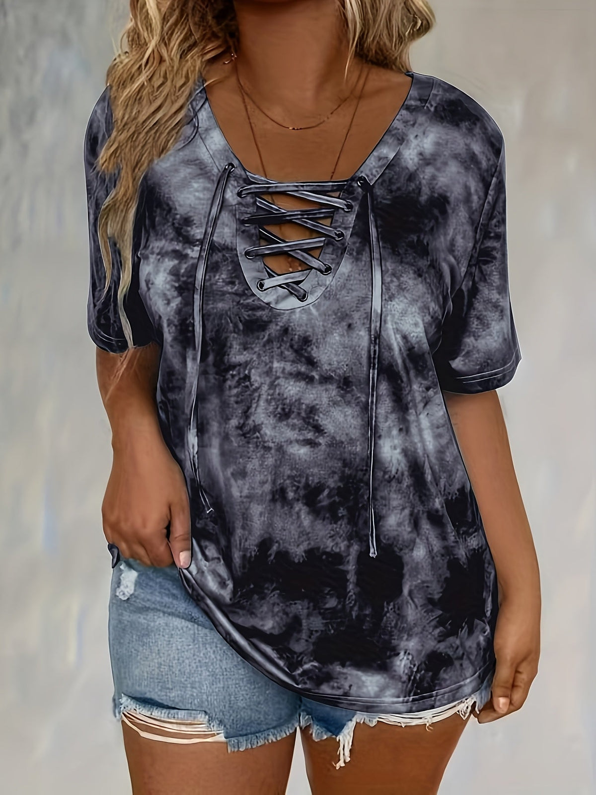 Print Front Button Drawstring Oversized Top