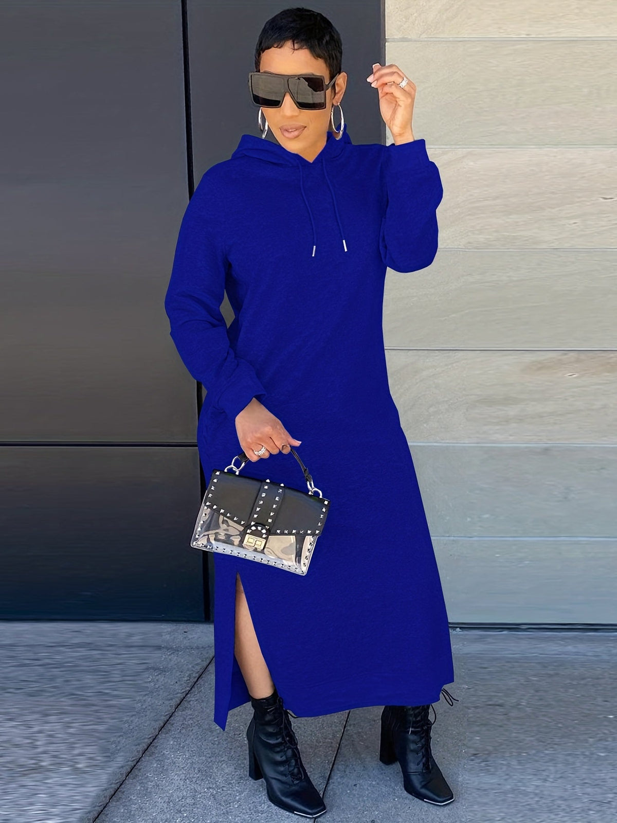 Drawstring Split Dress, Casual Hooded Long Sleeve Maxi Dress
