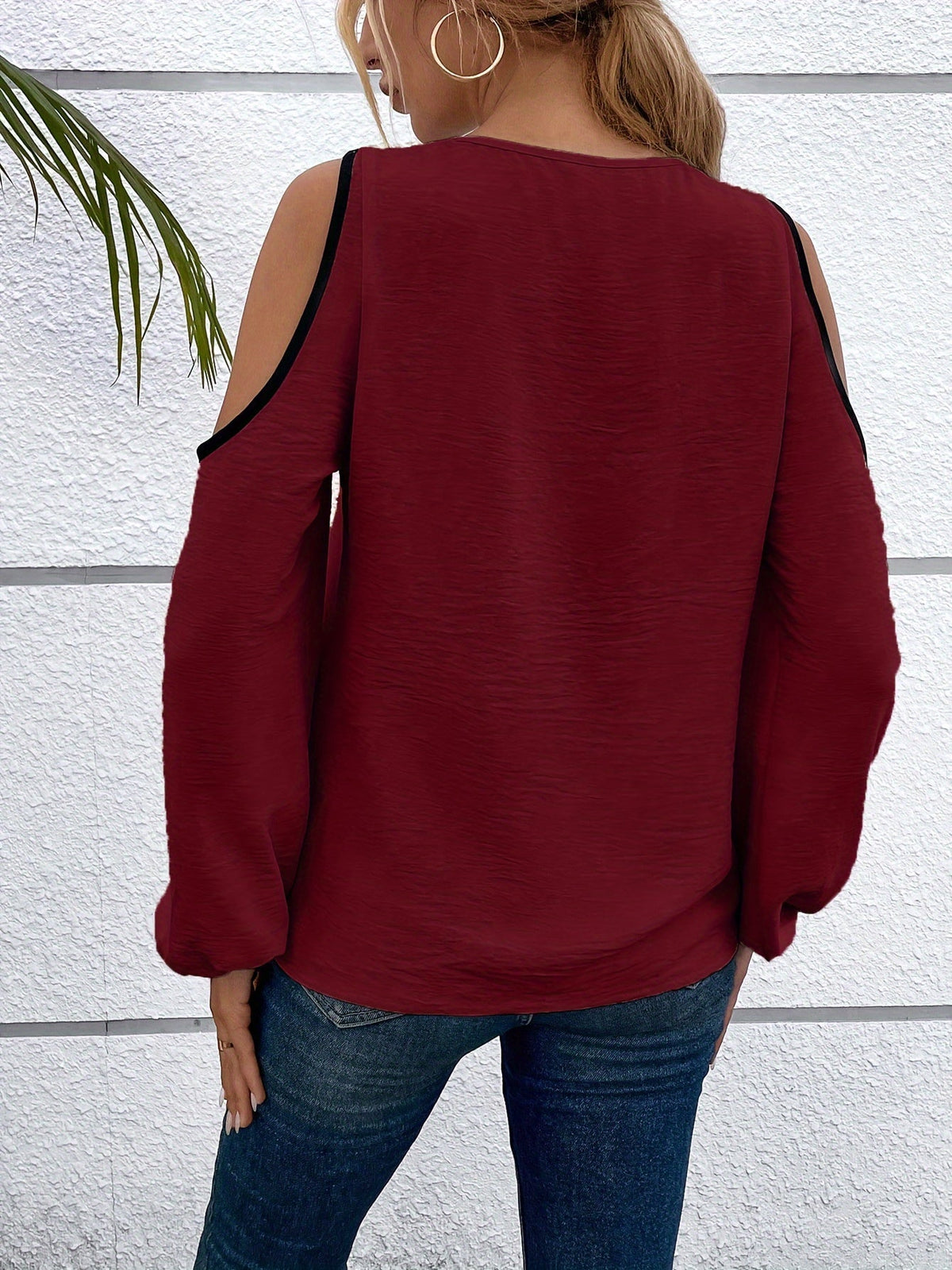 Color Block Cold Shoulder Blouse, Casual Long Sleeve Top