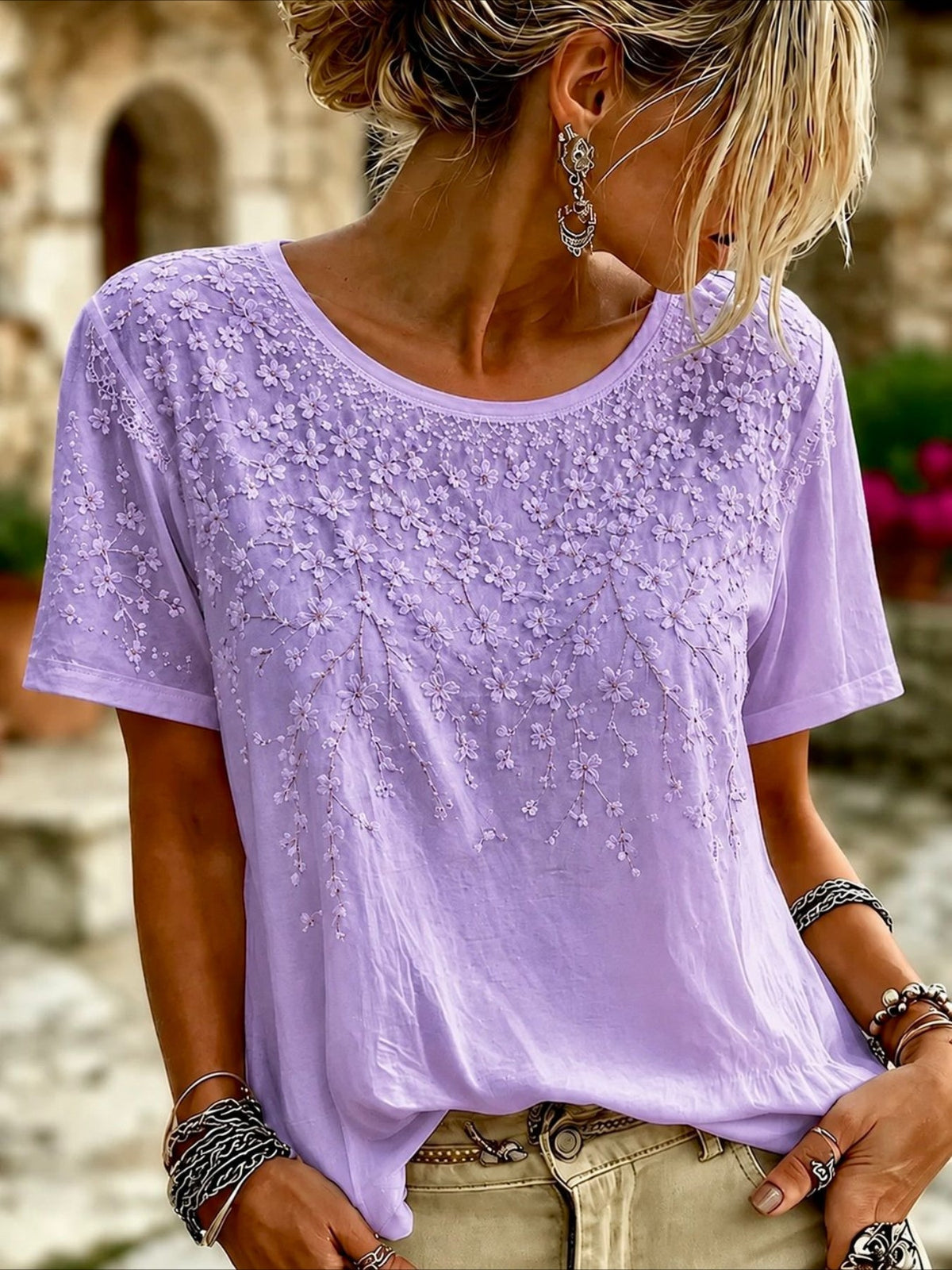 Floral Print Crew Neck Short Sleeve Top