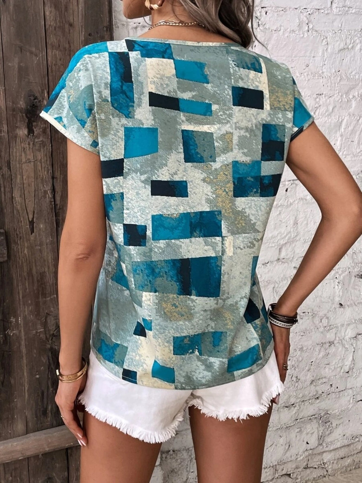 Graphic Print Crew Neck T-shirt, Short Sleeve Aztec Print Tops