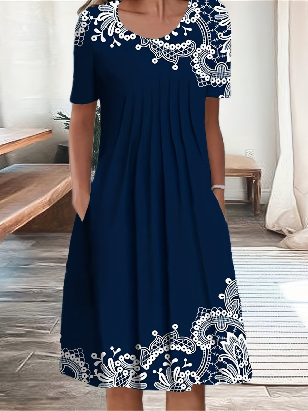 Mandala Print Short Sleeve Tucked Dress, Casual Crew Neck Dress