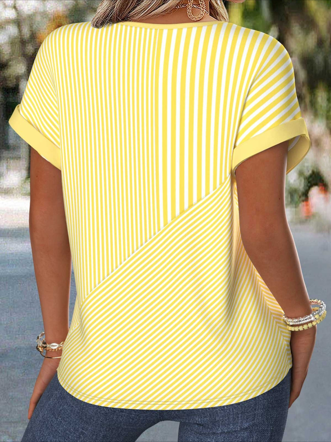 Line Pattern V Neck Button Short Sleeve T-Shirt