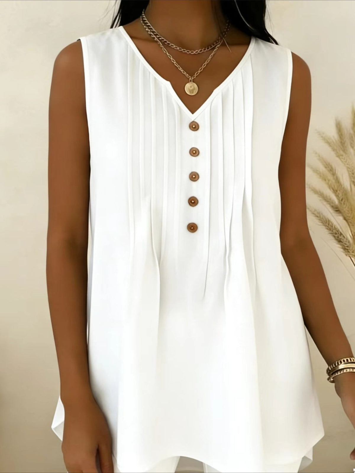 Elegant V Neck Sleeveless Button Summer Vacation Casual Tank Top