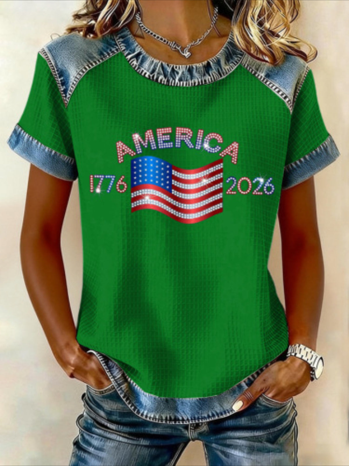 250th Anniversary Of The Founding Of the United States Short Sleeve Text Letters Printing Jersey Crew Neck T-shirt