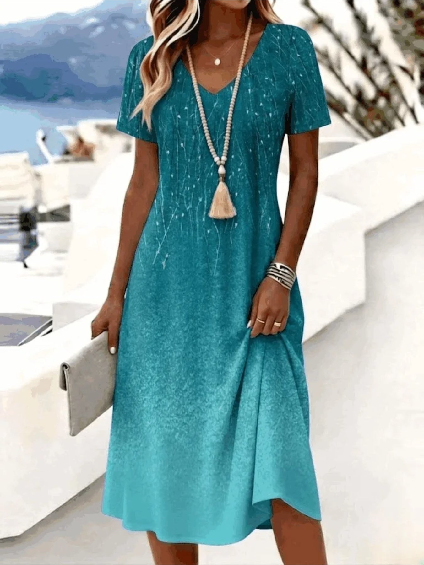 Print Short Sleeve V-Neck Casual Midi Dress
