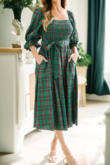 Green Tartan Plaid Square Neck Puff Sleeve Knot Waist Flared Midi Dress