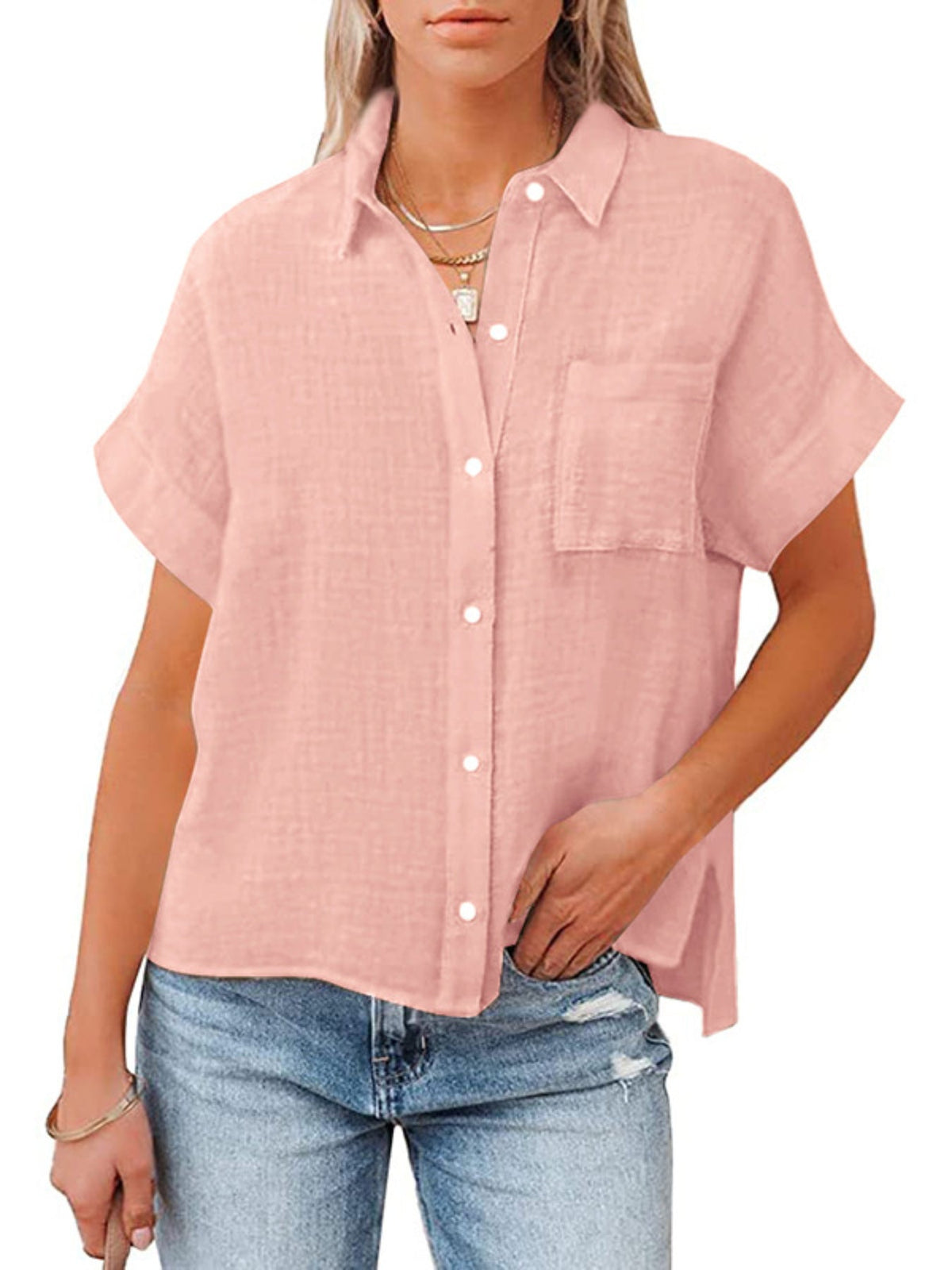 Solid Color Short Sleeve Blouse, Casual Button Front Blouse
