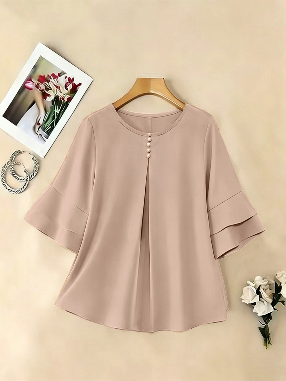 Elegant Fashion Summer Loose Solid Round Neck Button-Up Shirt Flared Sleeve Ruffle Top