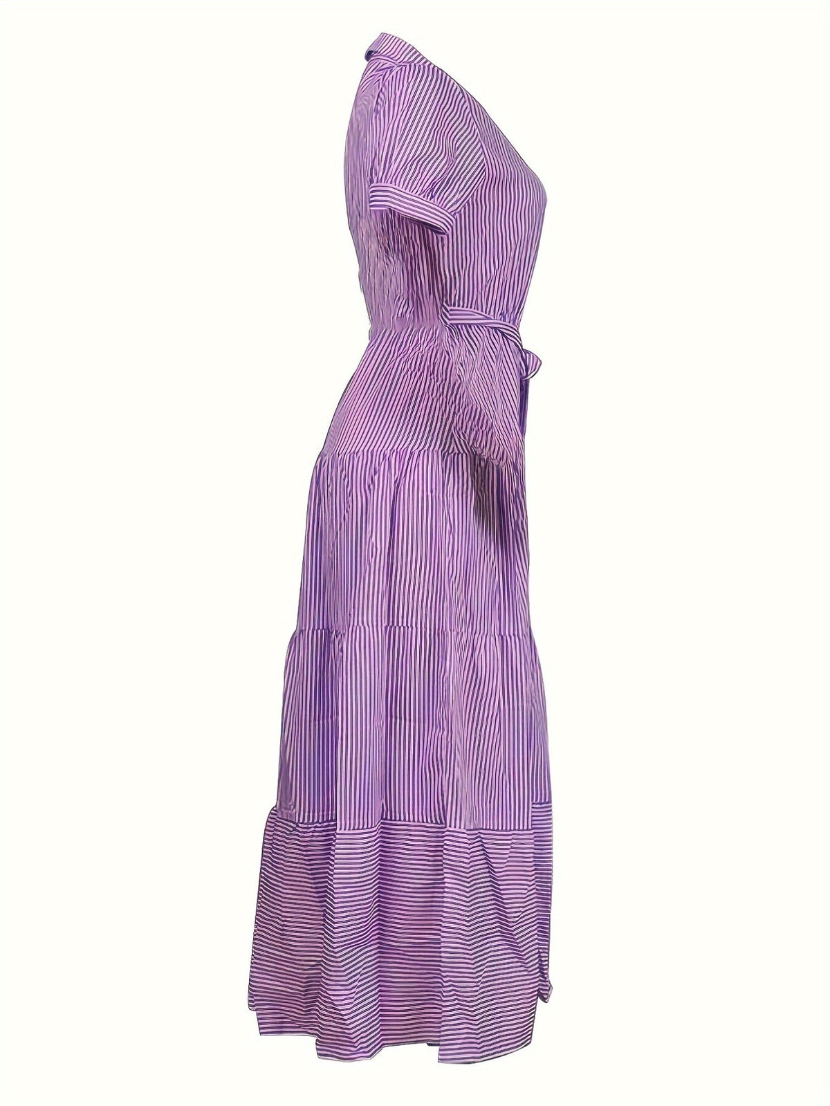 Button Front Short Sleeves Vibrant Striped Tunic Shirt Maxi Dress