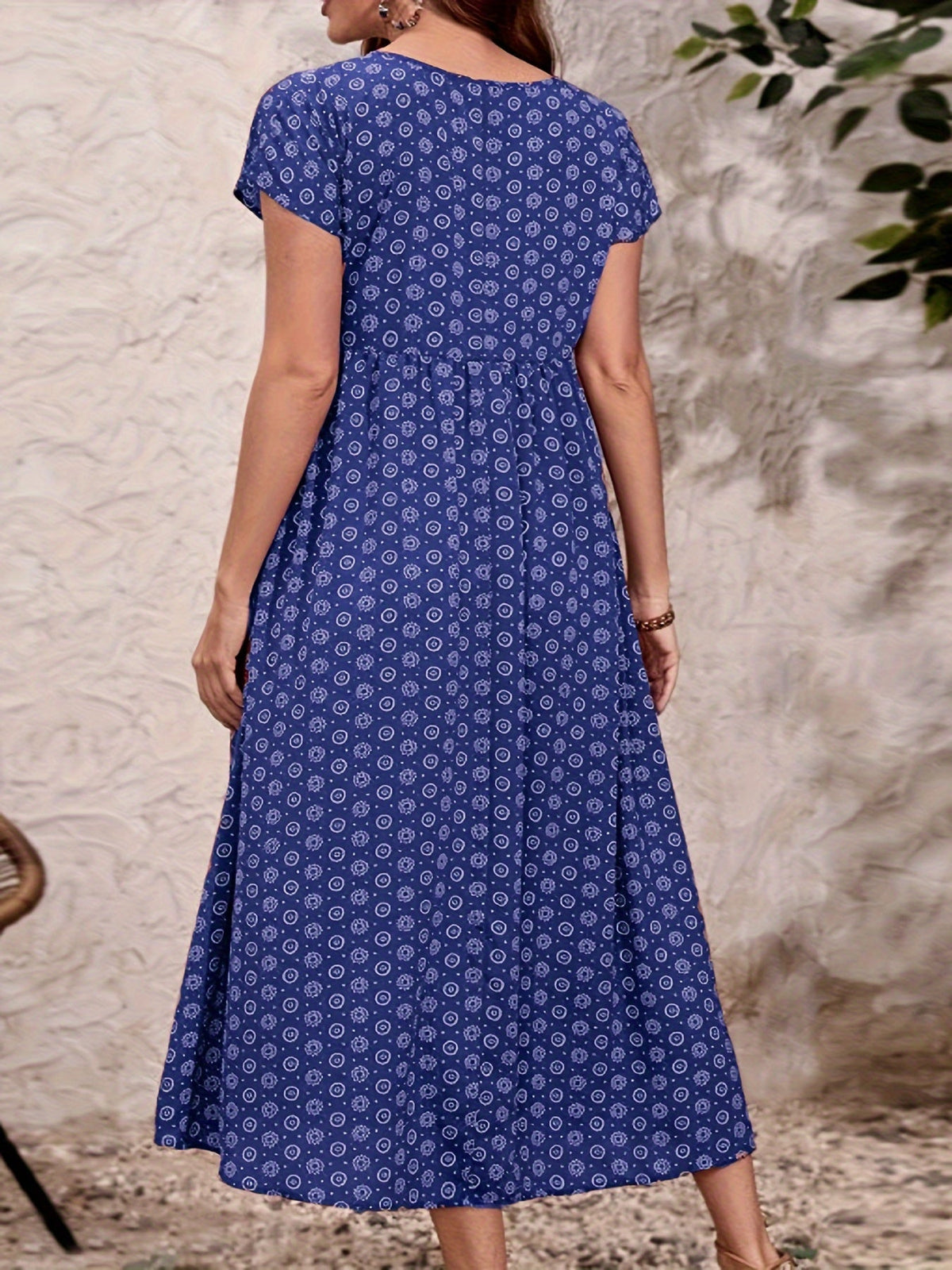 All Over Print Dress, Casual V Neck Short Sleeve Dress
