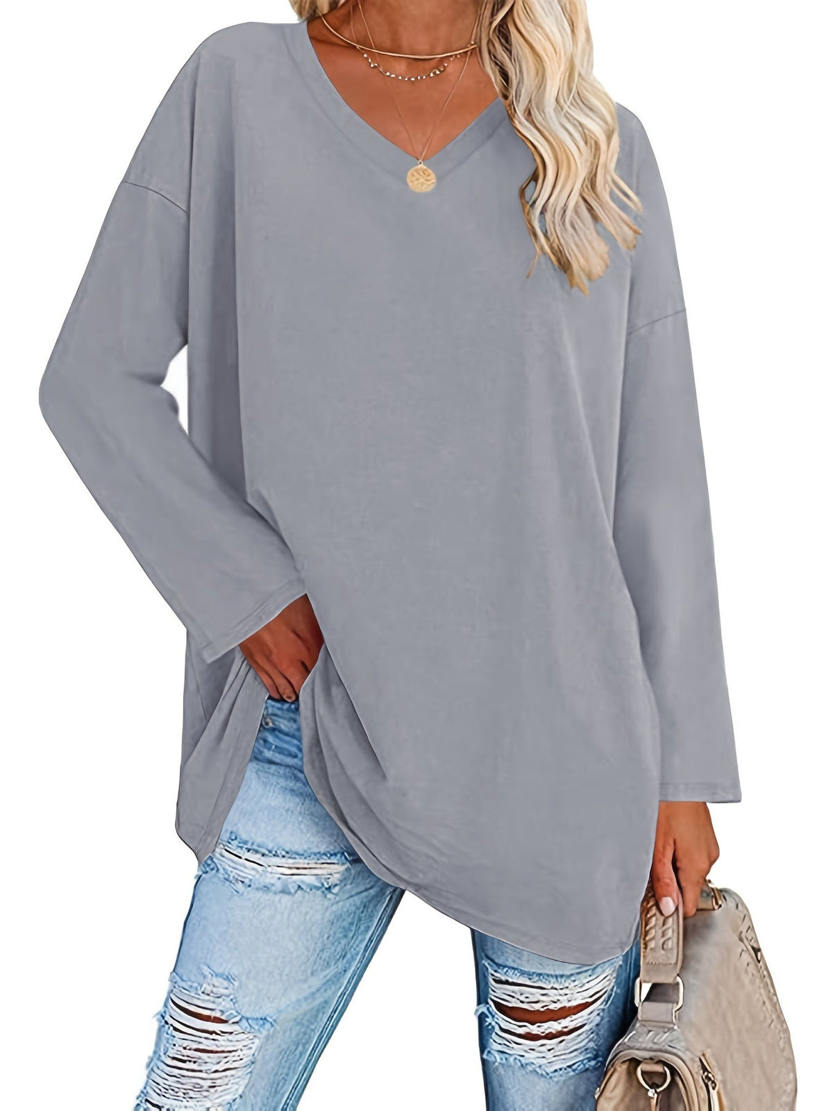 Women's Solid Color Oversized Tops, V-Neck Long Sleeve T-Shirts, Casual Loose Shirts