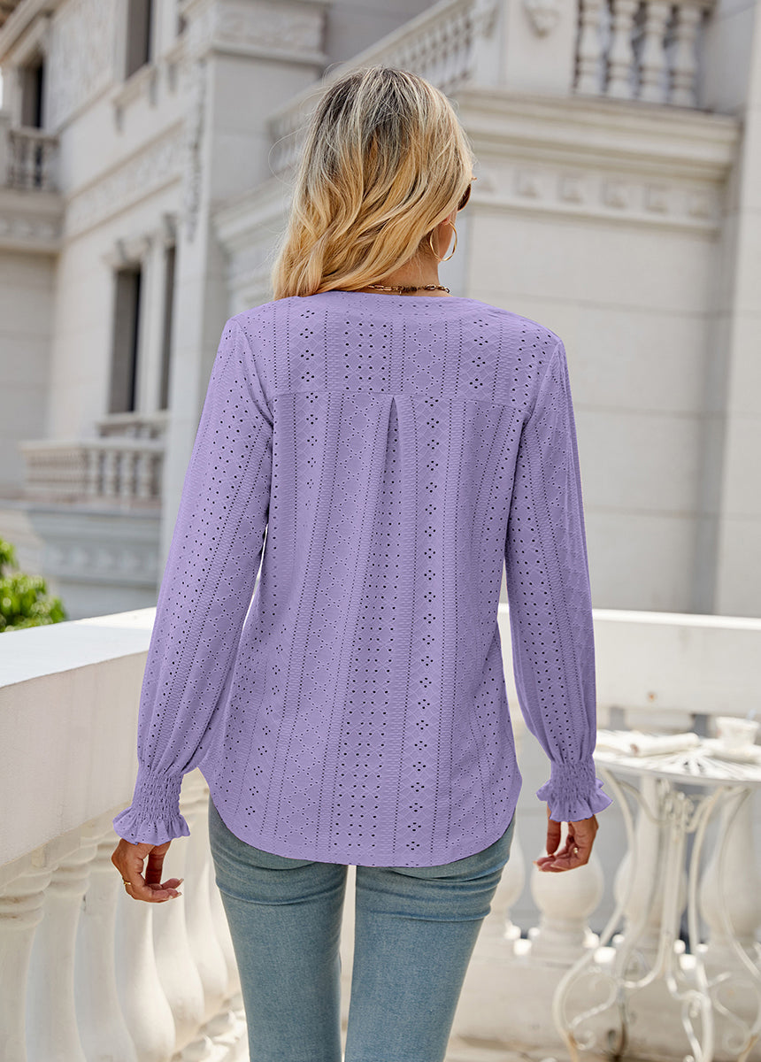 Solid Color Hollow Pleated Ruffle Sleeve V-Neck Loose Long Sleeve Top