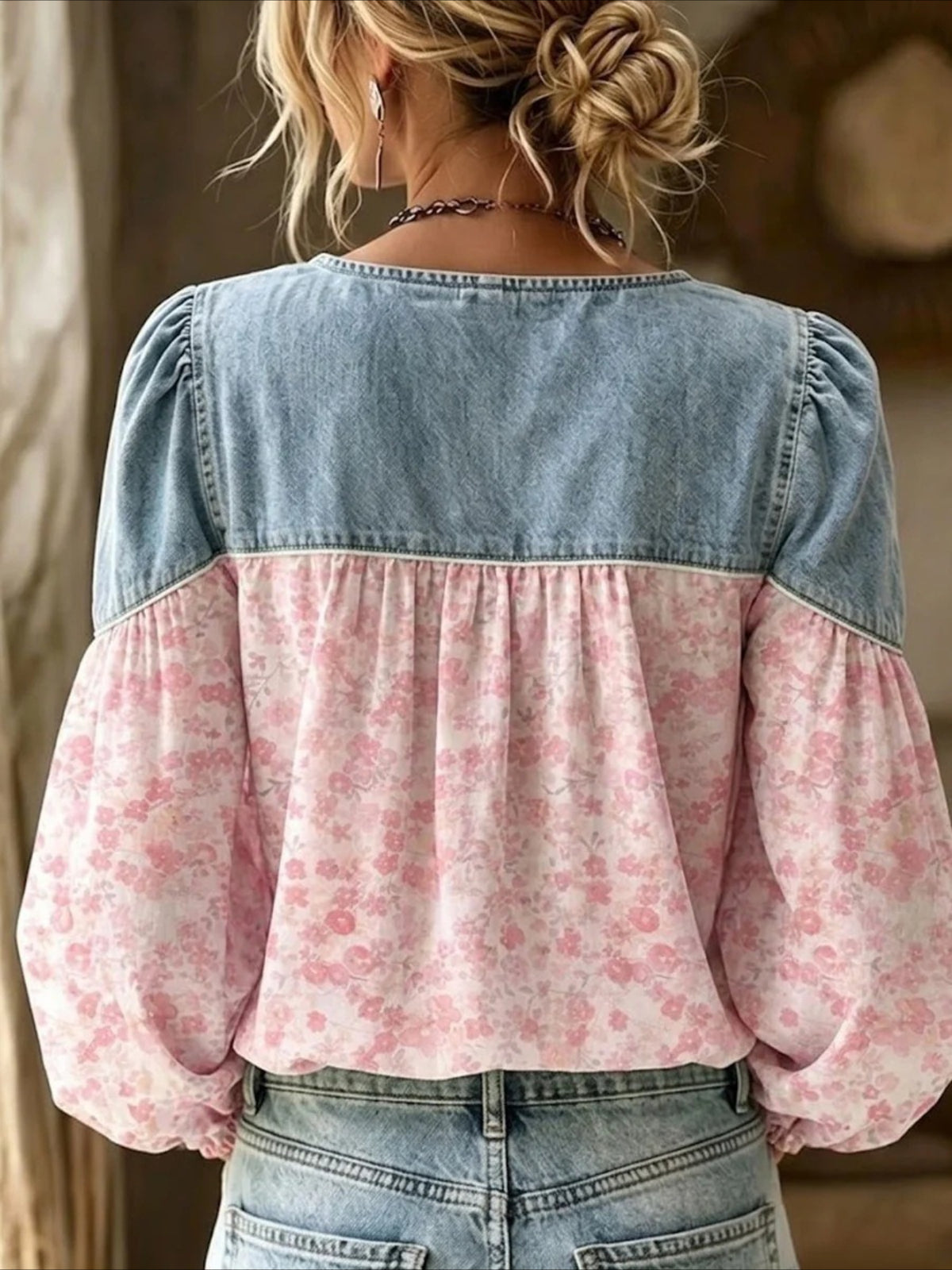 Vintage Denim V-neck Splicing Long Sleeve Shirt