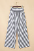 Black Stripe Shirred High Waist Loose Summer Pants