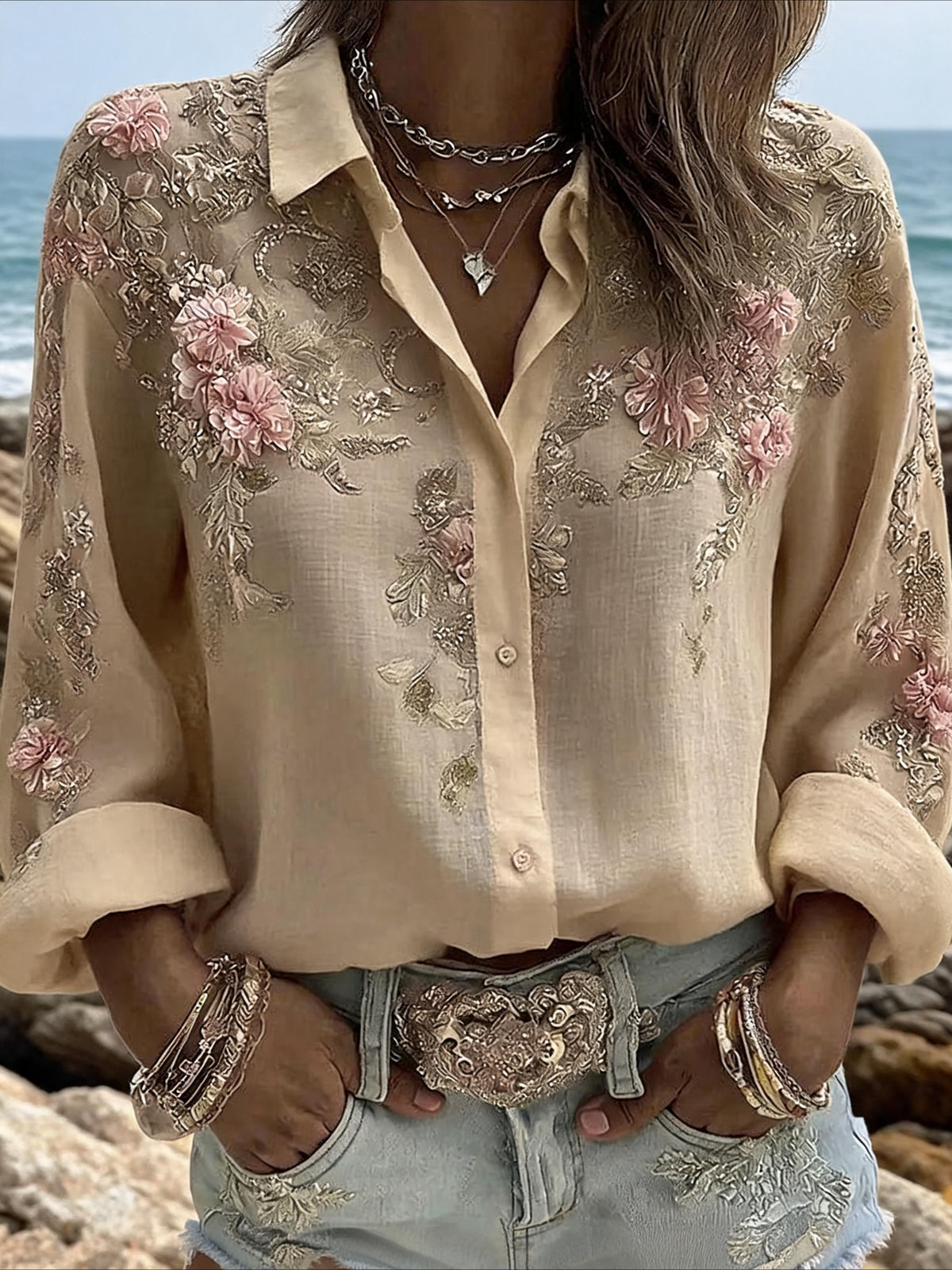 Flower Prints Stand Collar Casual Long Sleeve Blouse