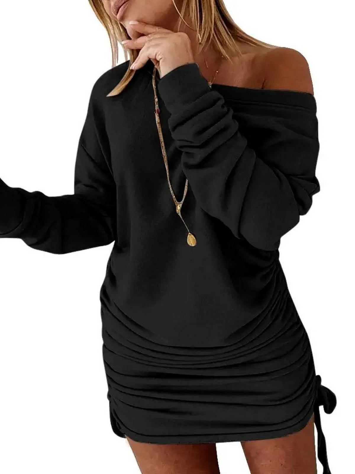 Solid Drawstring Pullover Sweatshirt Dress, Casual Ruched Long Sleeve Sweatshirt Dress