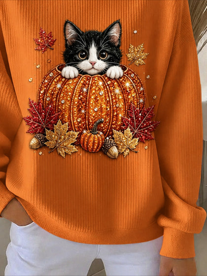 Halloween Printed Crew Neck Floral Long Sleeve Sweater Hoodie