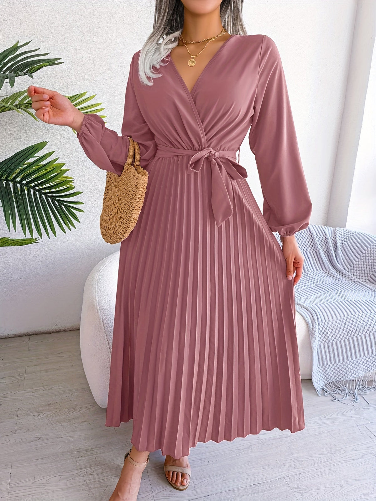 Pleated Surplice Neck Dress, Elegant Long Sleeve Solid Dress, Women's Clothing