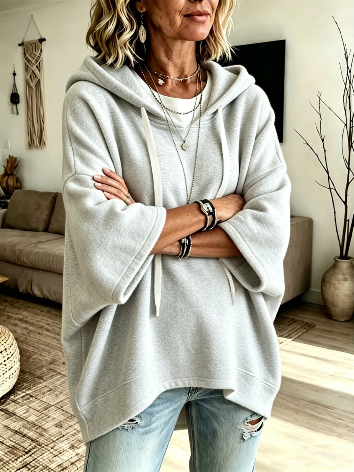 Loose 3/4 Sleeve Hooded Drawstring Bat-sleeved Sweatshirt