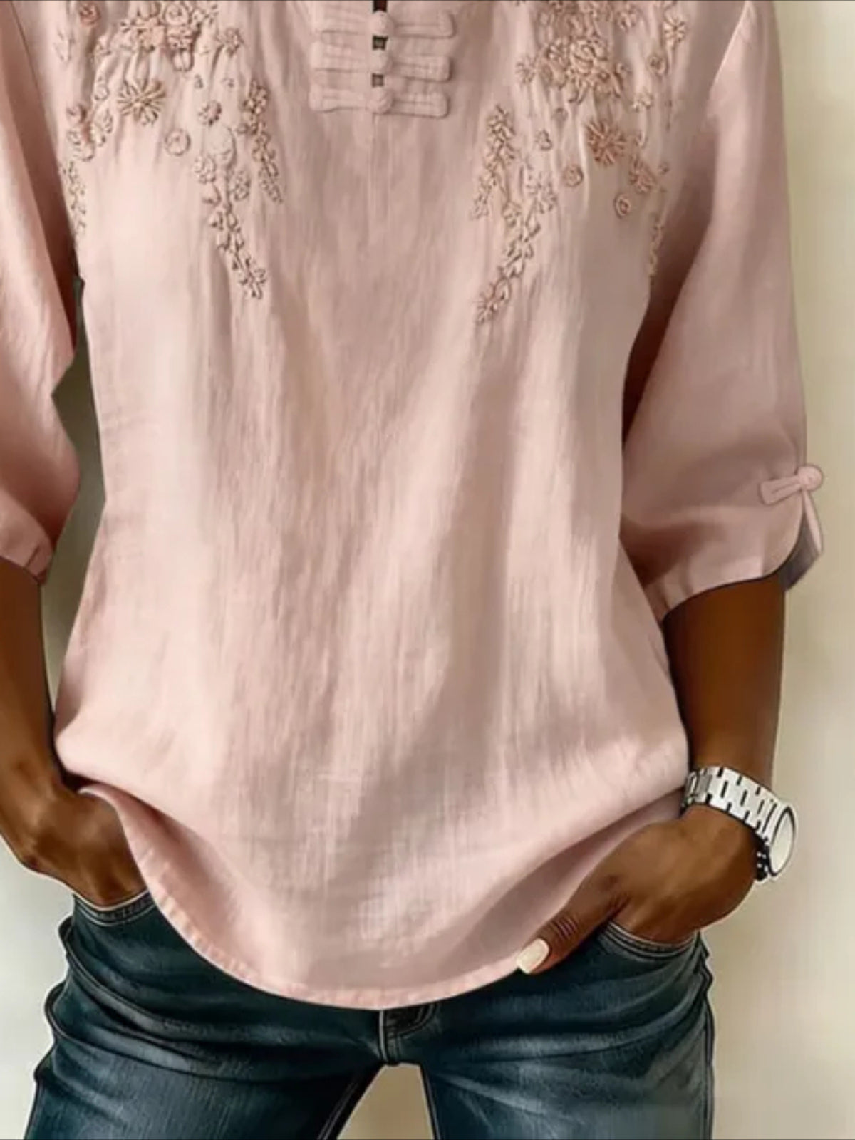 Half Sleeve Floral Buckle Mandarin Collar Blouse
