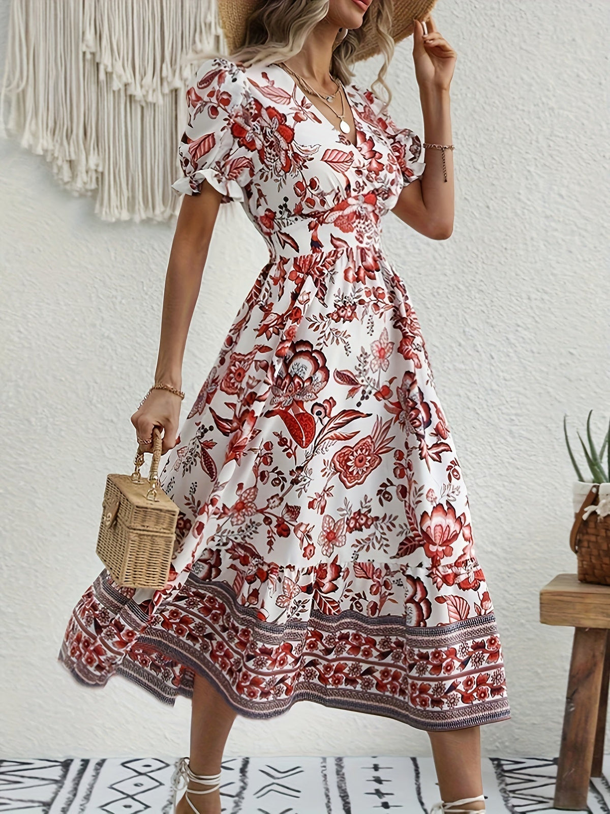 Floral Print V Neck Dress, Elegant Short Sleeve Dress