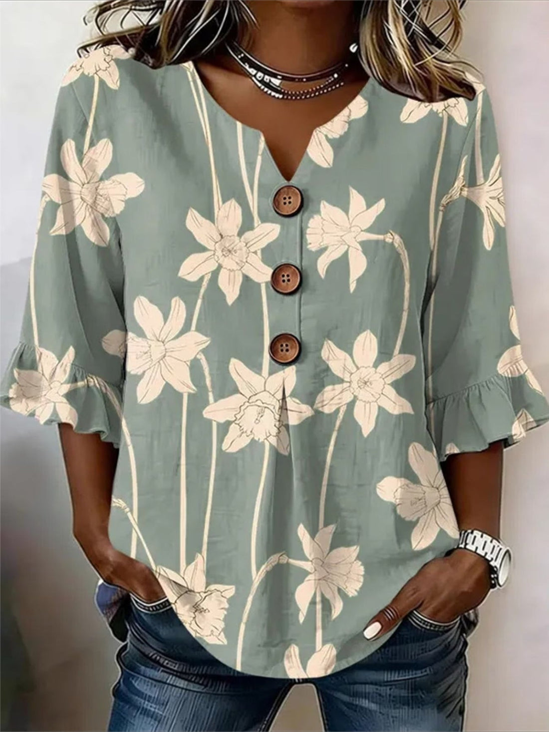V Neck Button Short Ruffle Sleeve Casual Top