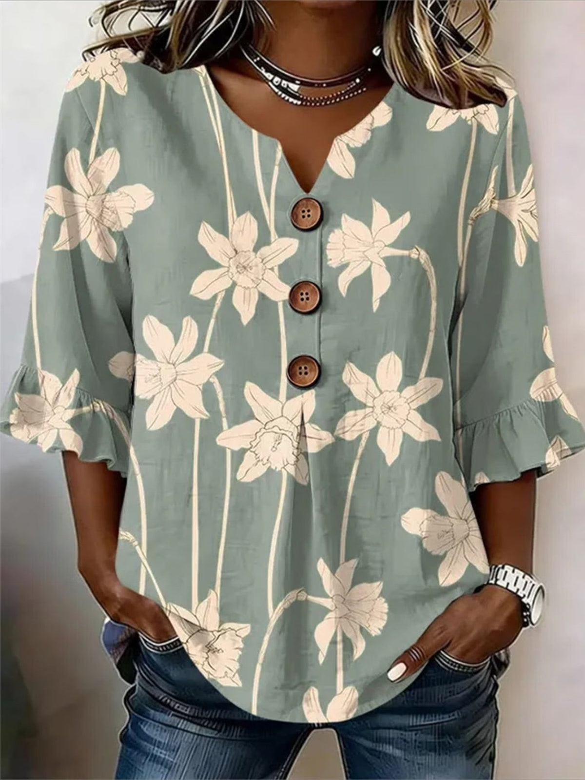 V Neck Button Short Ruffle Sleeve Casual Top