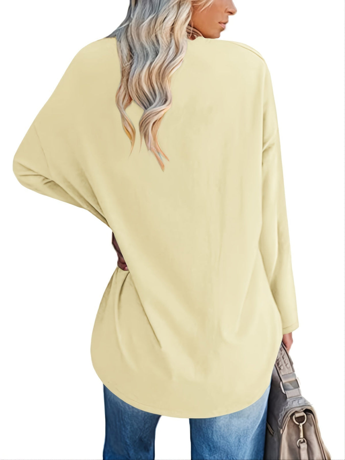 Women's Solid Color Oversized Tops, V-Neck Long Sleeve T-Shirts, Casual Loose Shirts