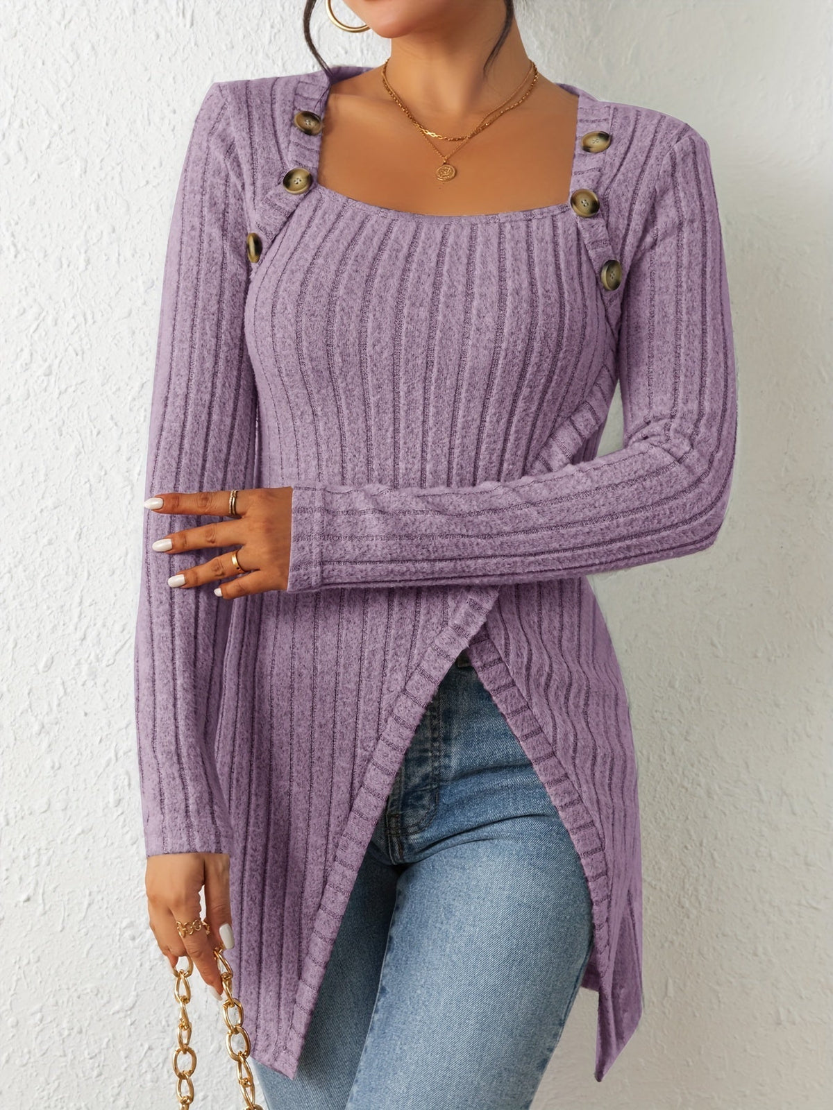 Button Decor Asymmetrical Hem T-Shirt, Casual Ribbed Long Sleeve Top