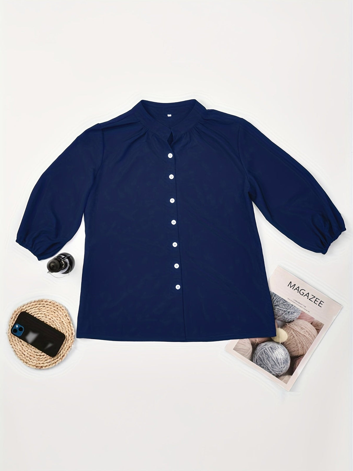 Solid Button Front Blouse, Casual Stand Collar Long Sleeve Blouse