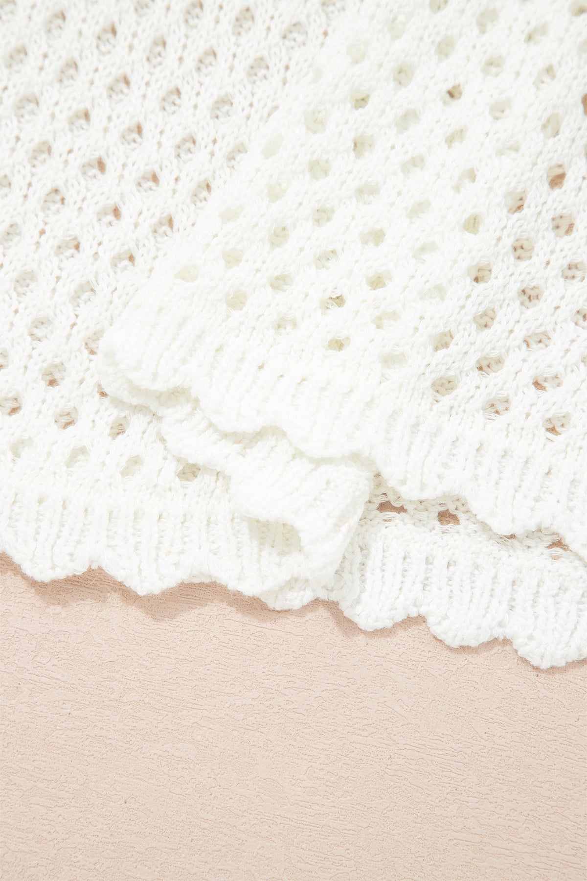 White Scalloped Trim Hollow Out Knit Long Sleeve Top