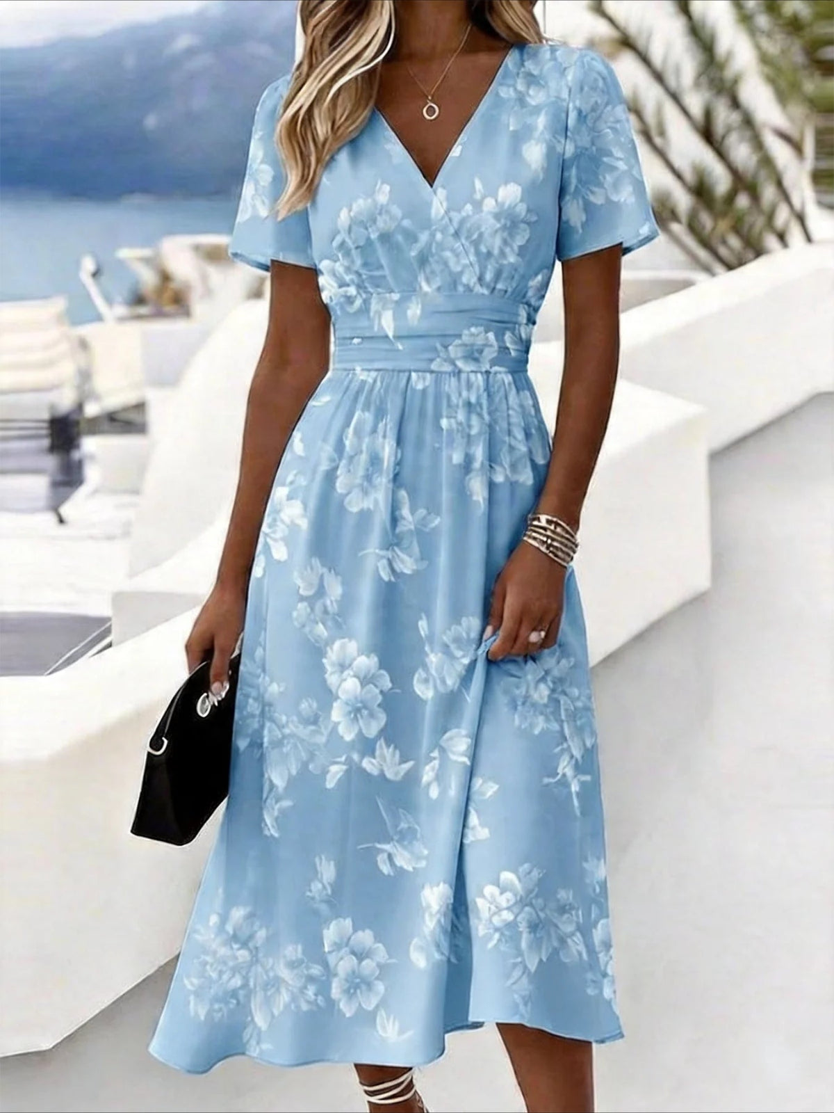 Floral Print V Neck Short Sleeve Beach A-Line Dress