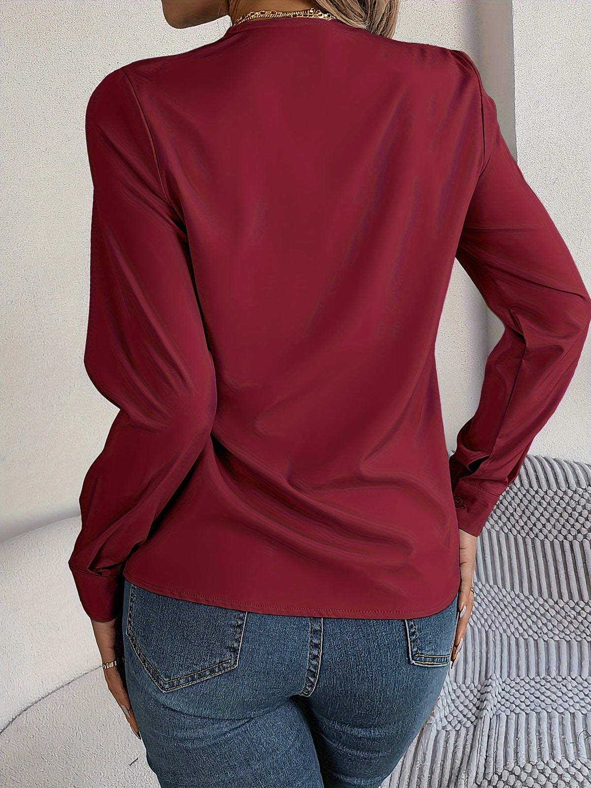Solid Color V Neck Blouse, Elegant Long Sleeve Blouse