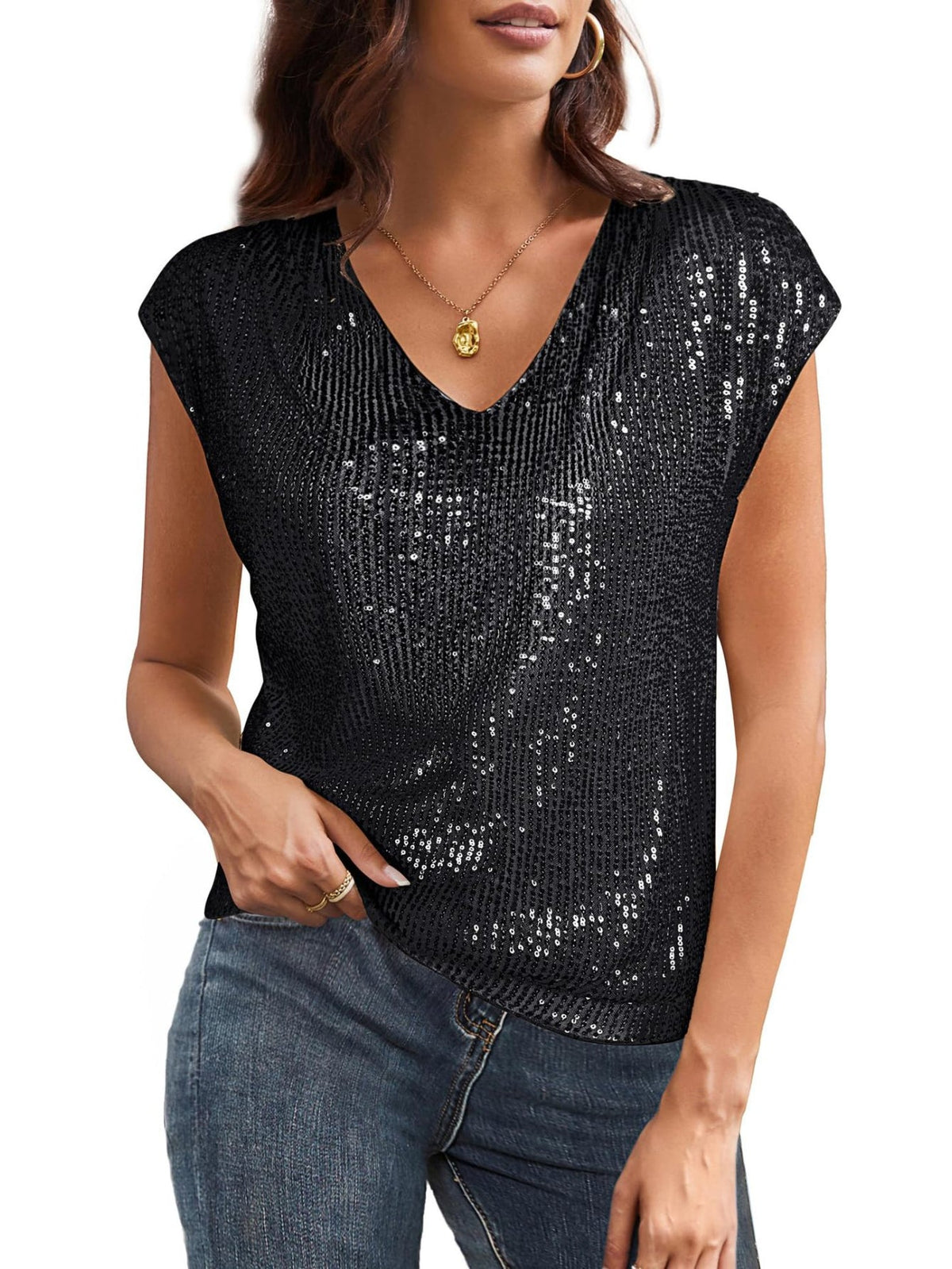 V Neck Sequined Solid Color Short Sleeved Top