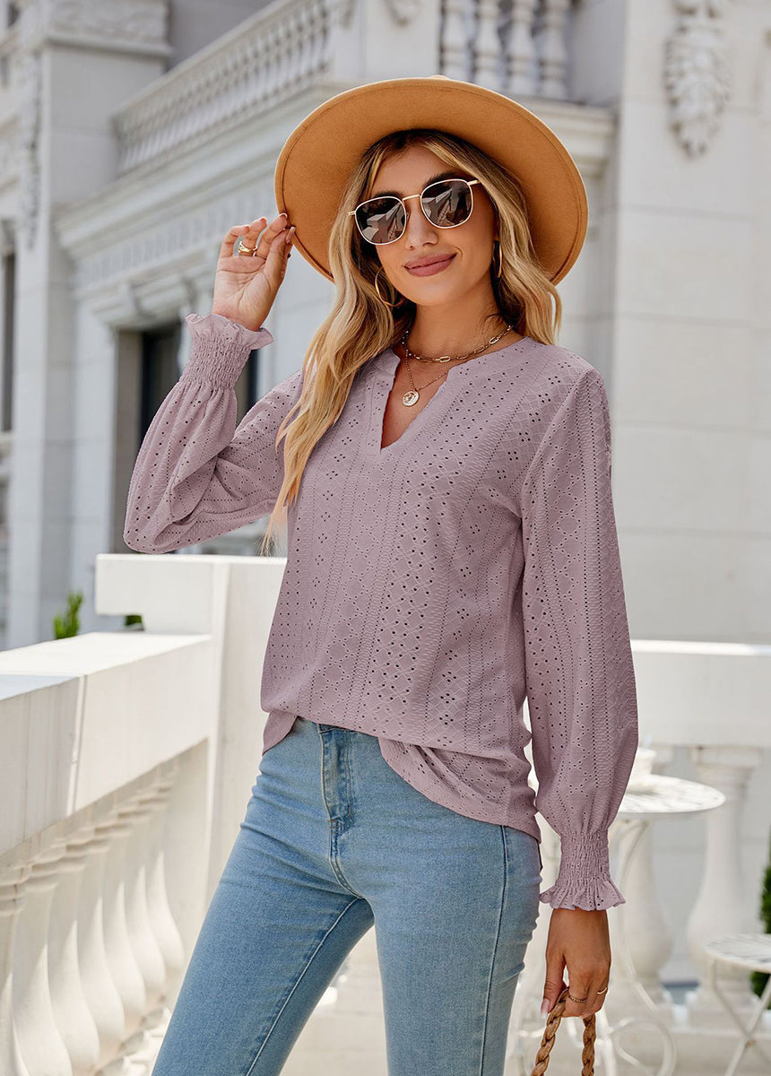 Solid Color Hollow Pleated Ruffle Sleeve V-Neck Loose Long Sleeve Top