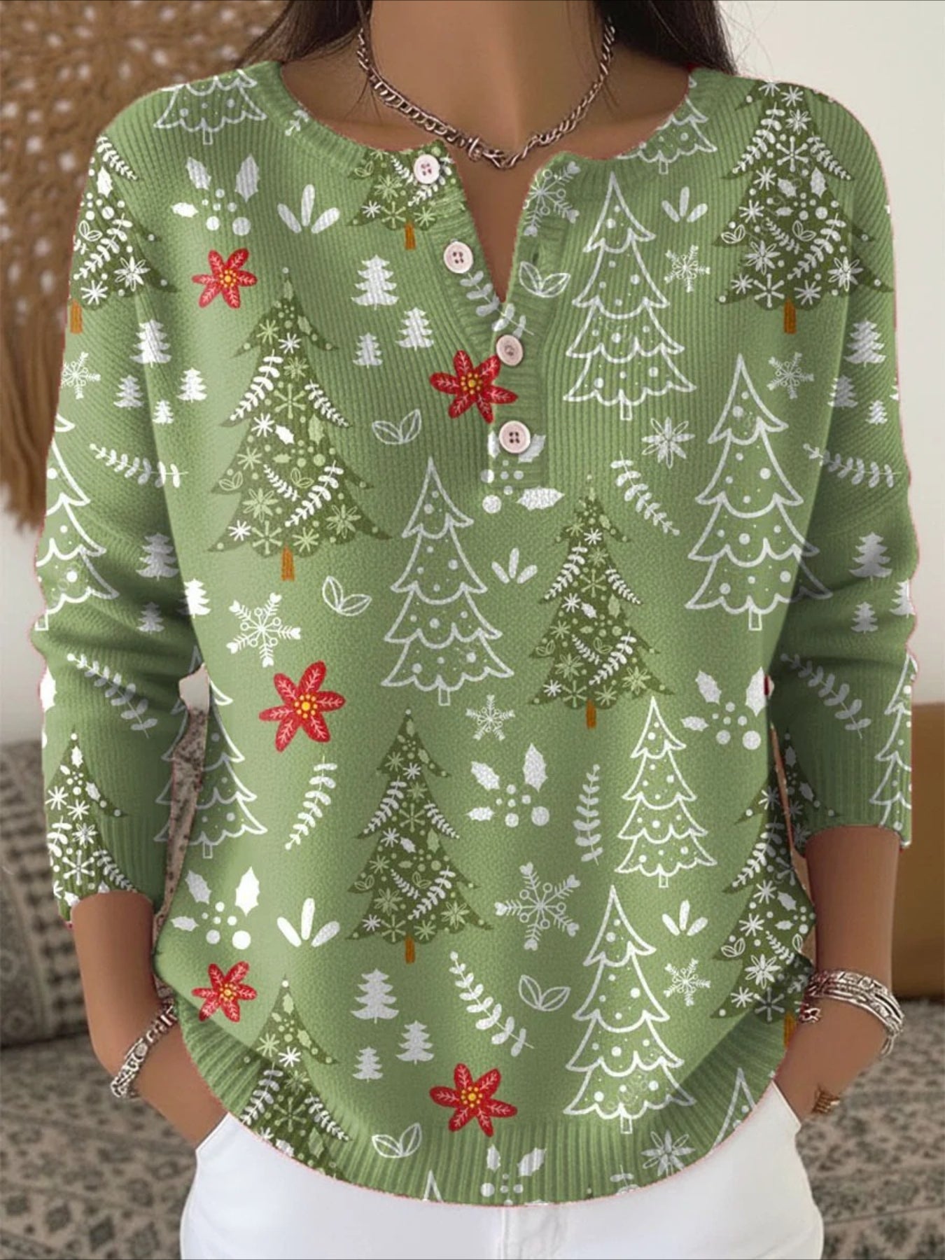 Christmas Green Tree Art Print Buttoned Sweater Tee