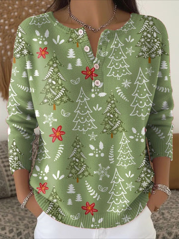 Christmas Green Tree Art Print Buttoned Sweater Tee